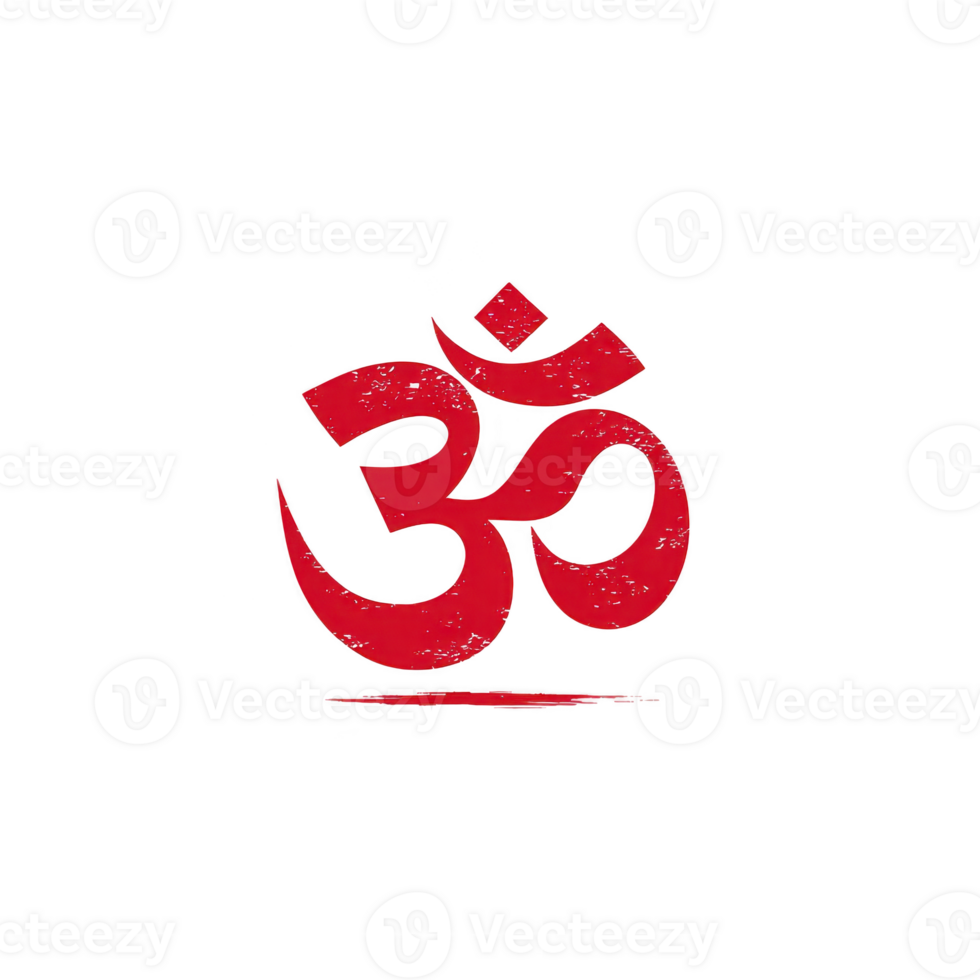 Image features red Om symbol on transparency background, representing spirituality and meditation. symbol is central and bold, conveying sense of peace and mindfulness png