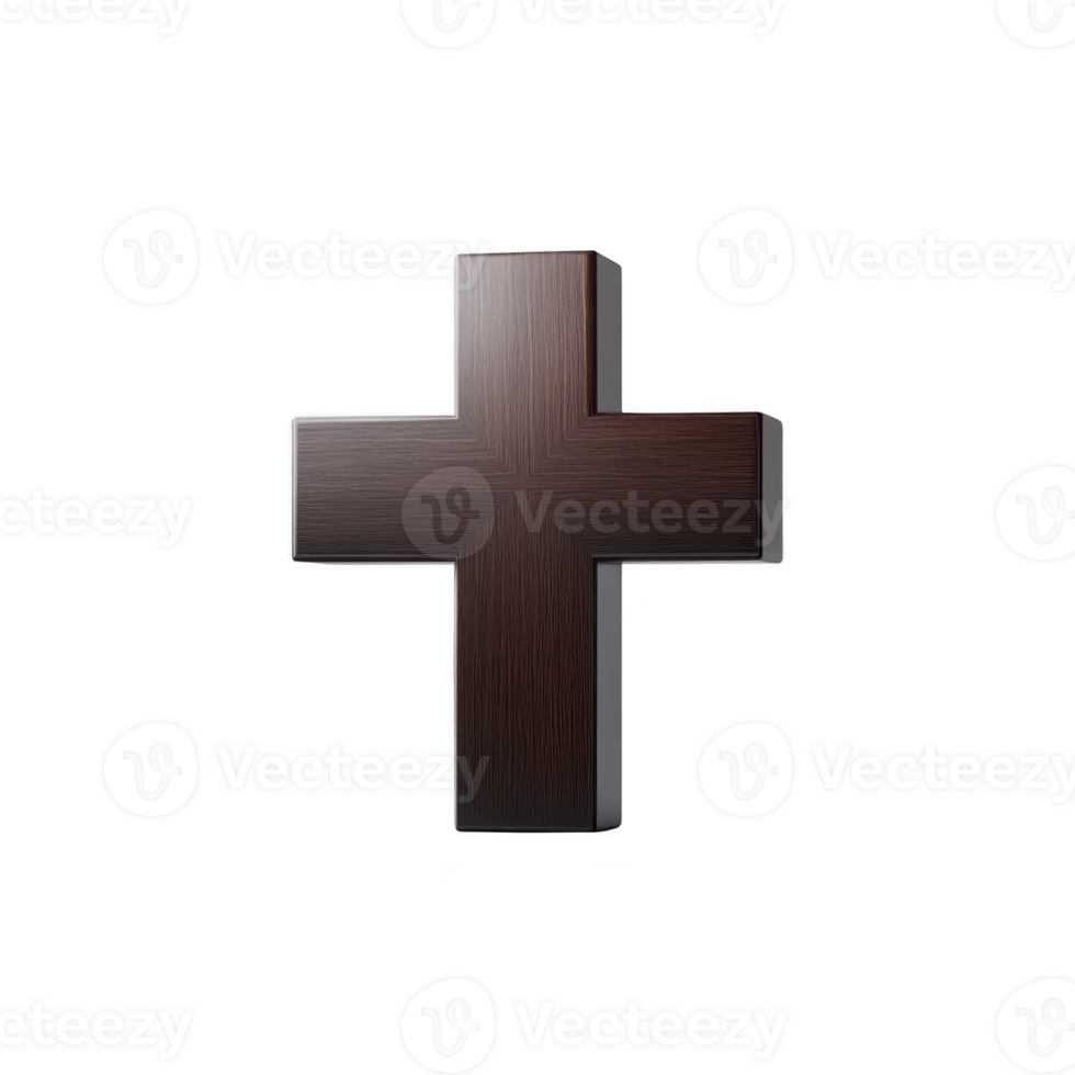 Wooden cross with dark finish stands against plain background, symbolizing faith and spirituality. texture of wood adds natural and rustic feel to religious symbol png