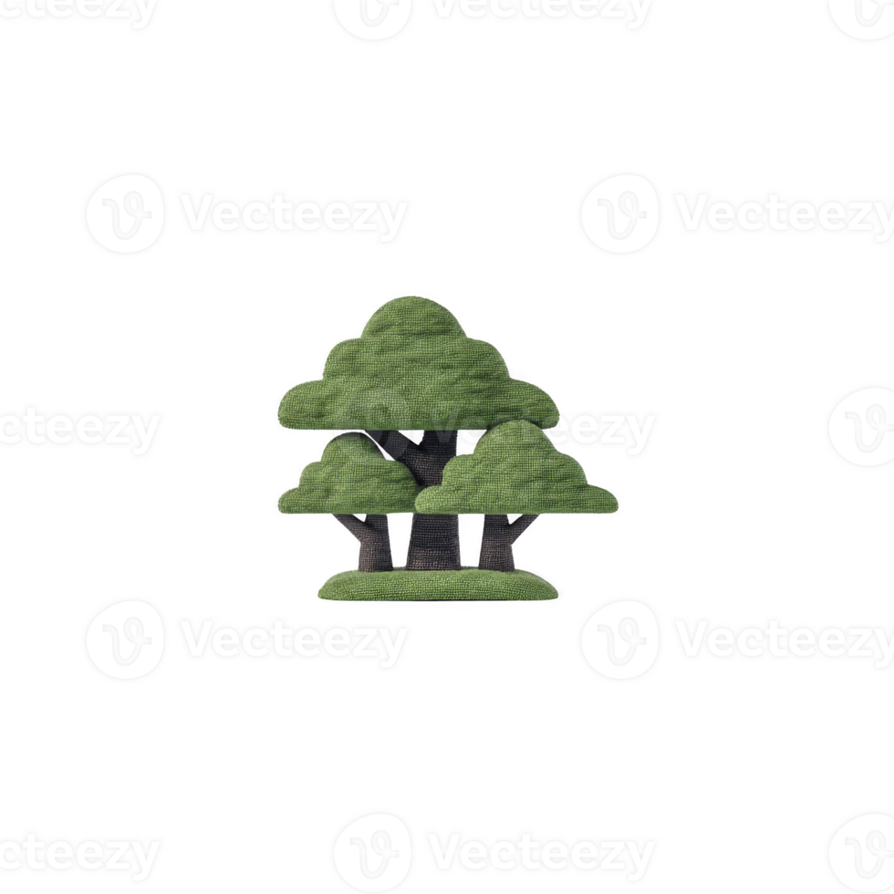 Stylized illustration of three green trees with simple, minimalist design. trees have layered appearance, with rounded canopies and dark trunks, set against transparent background png