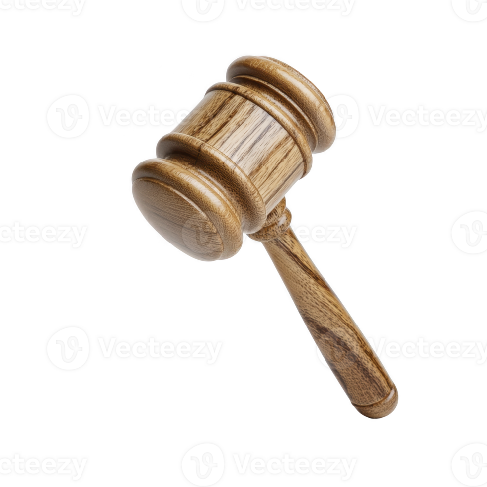 Wooden gavel with smooth finish, symbolizing justice and authority, is isolated on transparency background. gavel is traditionally used in courtrooms and auctions png