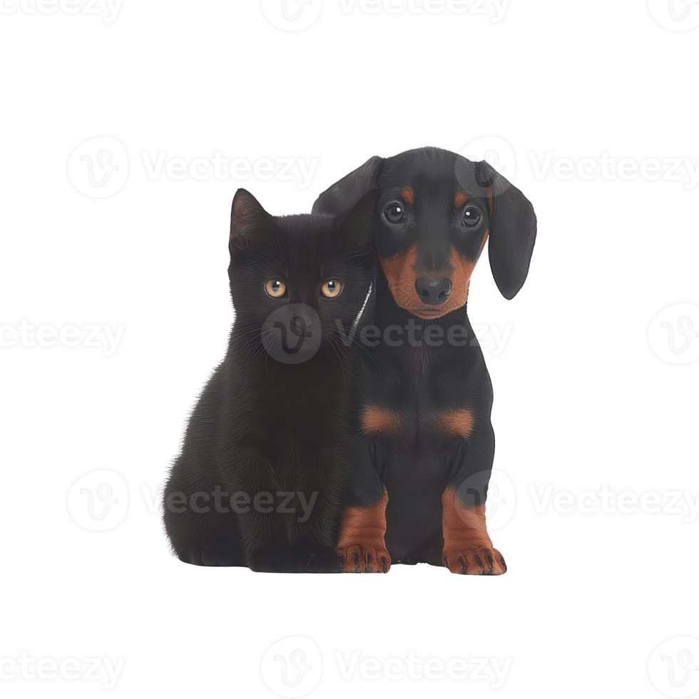 Black cat and dachshund puppy sit closely together, showcasing heartwarming bond. cat sleek fur contrasts with puppy shiny coat, creating charming and adorable scene png