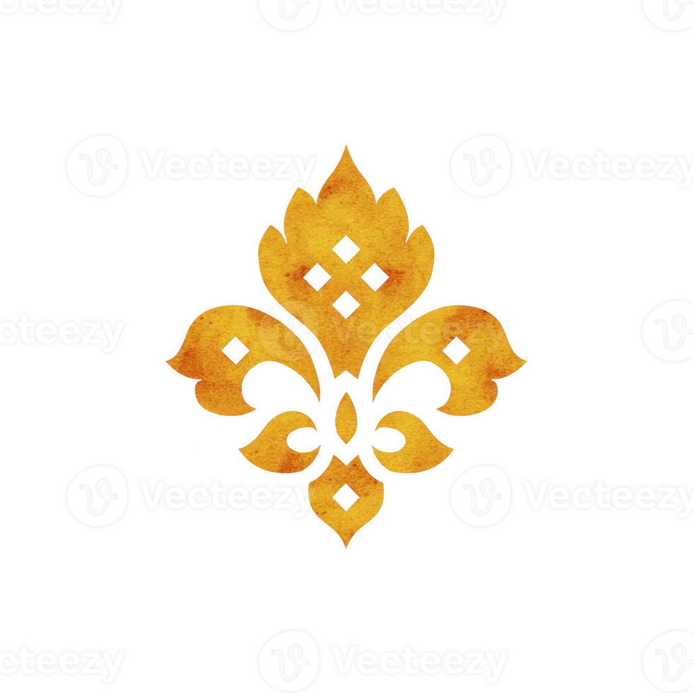 Golden fleur de lis symbol with watercolor texture on transparency background, representing elegance and tradition. design features intricate details and classic shape png