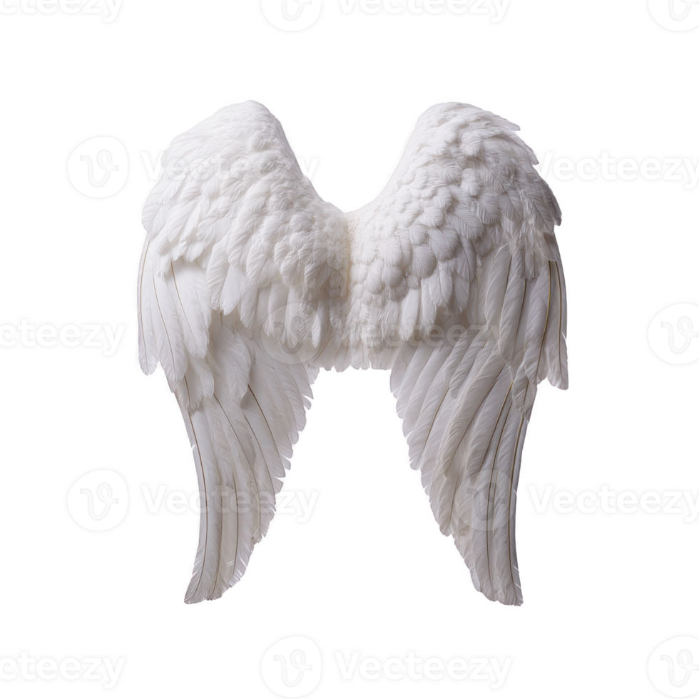 White angel wings with detailed feathers on transparent background, symbolizing purity and grace. wings are symmetrical and appear soft and fluffy, evoking sense of serenity and ethereal beauty png