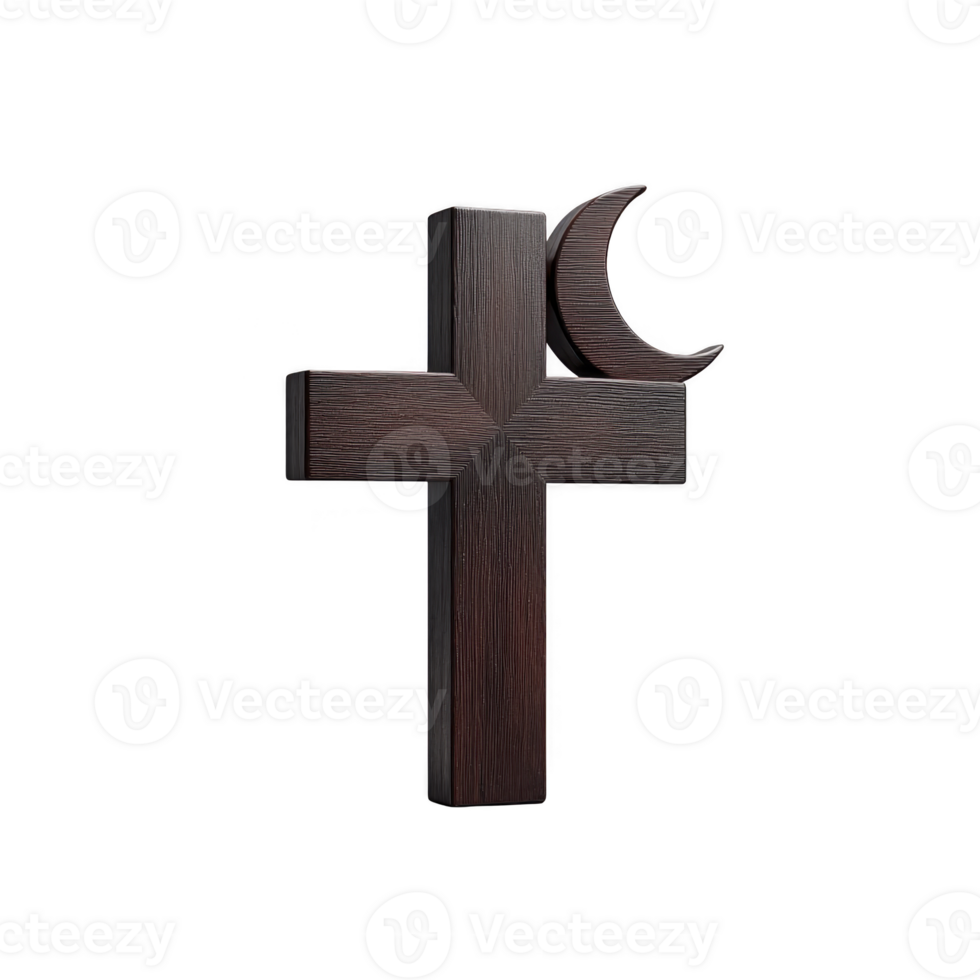 Wooden cross with crescent moon symbol, representing blend of religious symbols, is depicted against plain background. dark wood texture adds sense of depth and contrast png