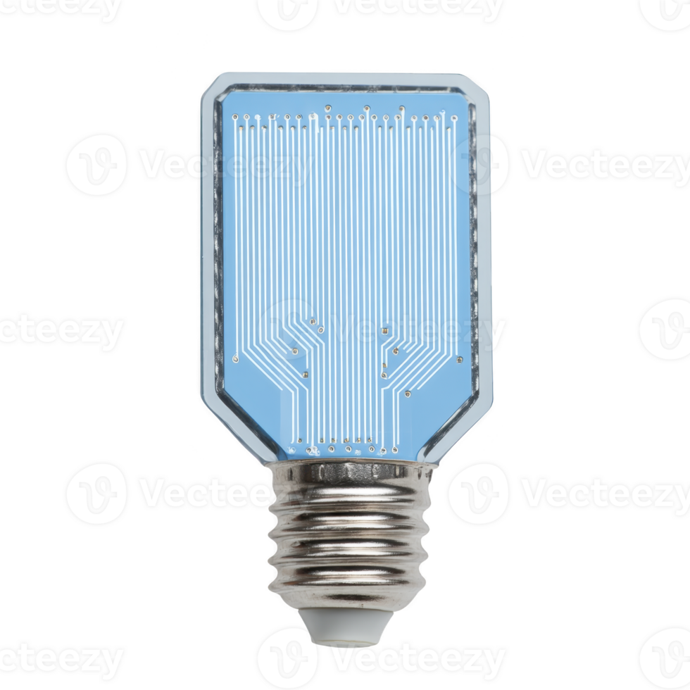 Light bulb with unique, flat design features blue circuit board pattern, symbolizing innovation and technology. metallic base contrasts with intricate electronic design png