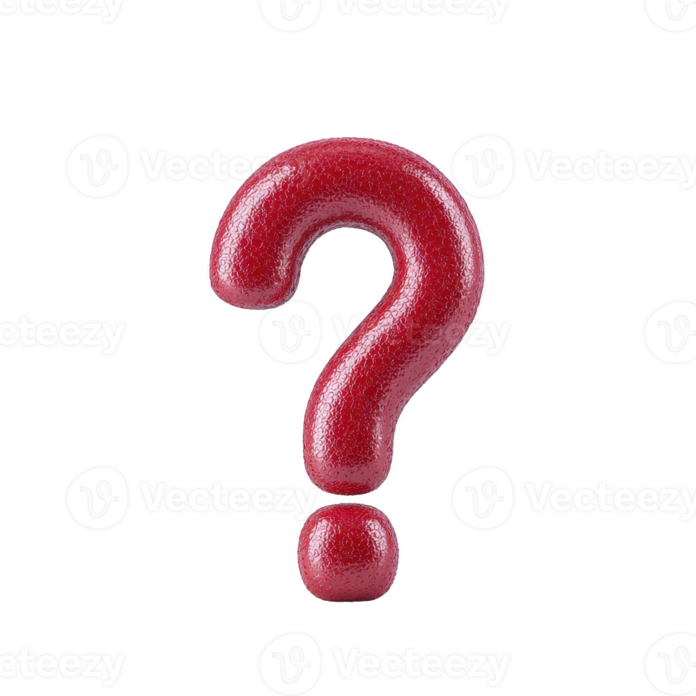 Shiny red question mark with textured surface stands out against transparency background, symbolizing curiosity and inquiry. bold color and glossy finish make it visually striking png