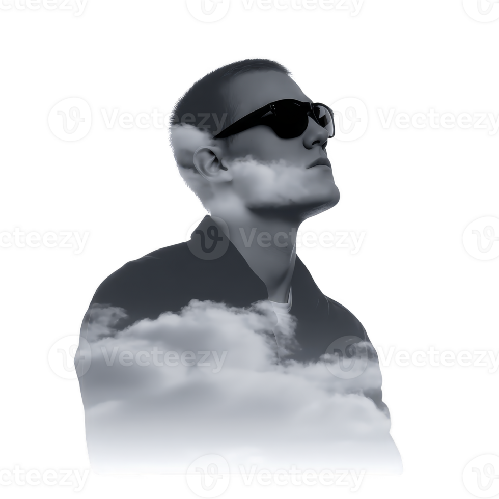 Man wearing sunglasses is creatively blended with clouds, creating surreal and dreamy effect. monochrome palette adds sense of mystery and introspection to image png