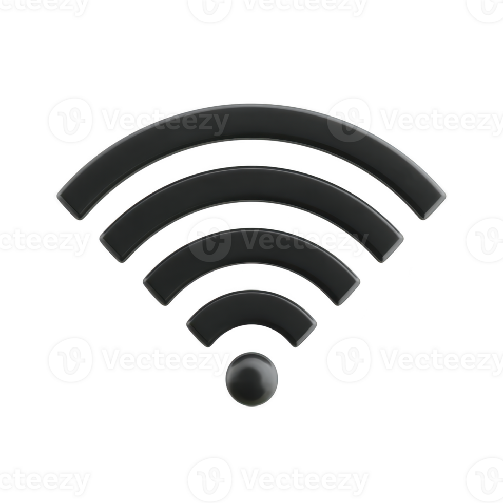Black Wi Fi symbol on transparent background represents wireless internet connectivity. icon features curved lines radiating from central point. symbolizing signal strength png