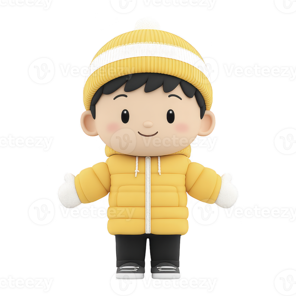 Cute cartoon character wearing yellow winter jacket, matching hat, and gloves stands with cheerful expression. character has black hair and is dressed warmly for cold weather png