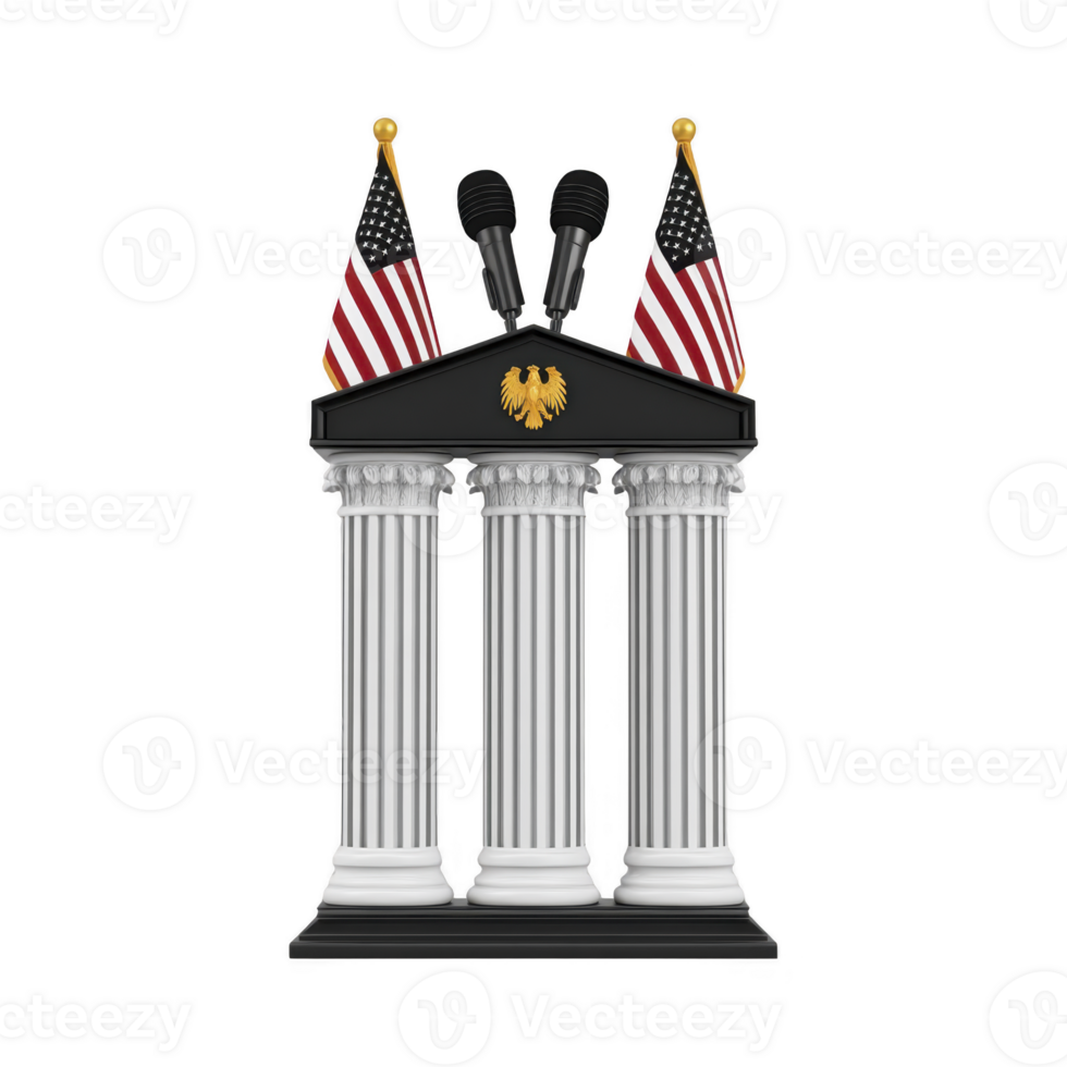Podium with three columns and microphones is adorned with two American flags, symbolizing formal setting for speeches or announcements. design is classical and official png
