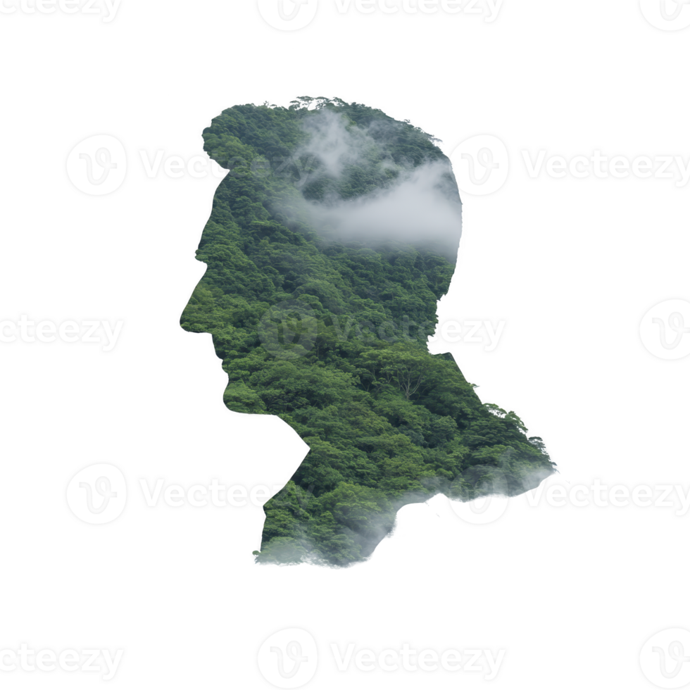 Silhouette of person profile is filled with lush, green forest and mist, creating serene and natural effect. image blends human and nature elements, symbolizing harmony png