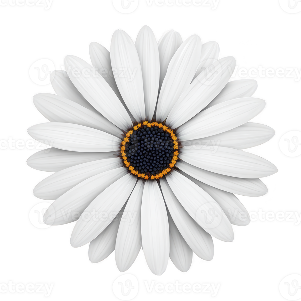 Single white daisy with vibrant yellow center and dark inner ring is displayed against plain background, showcasing its delicate petals and natural beauty png