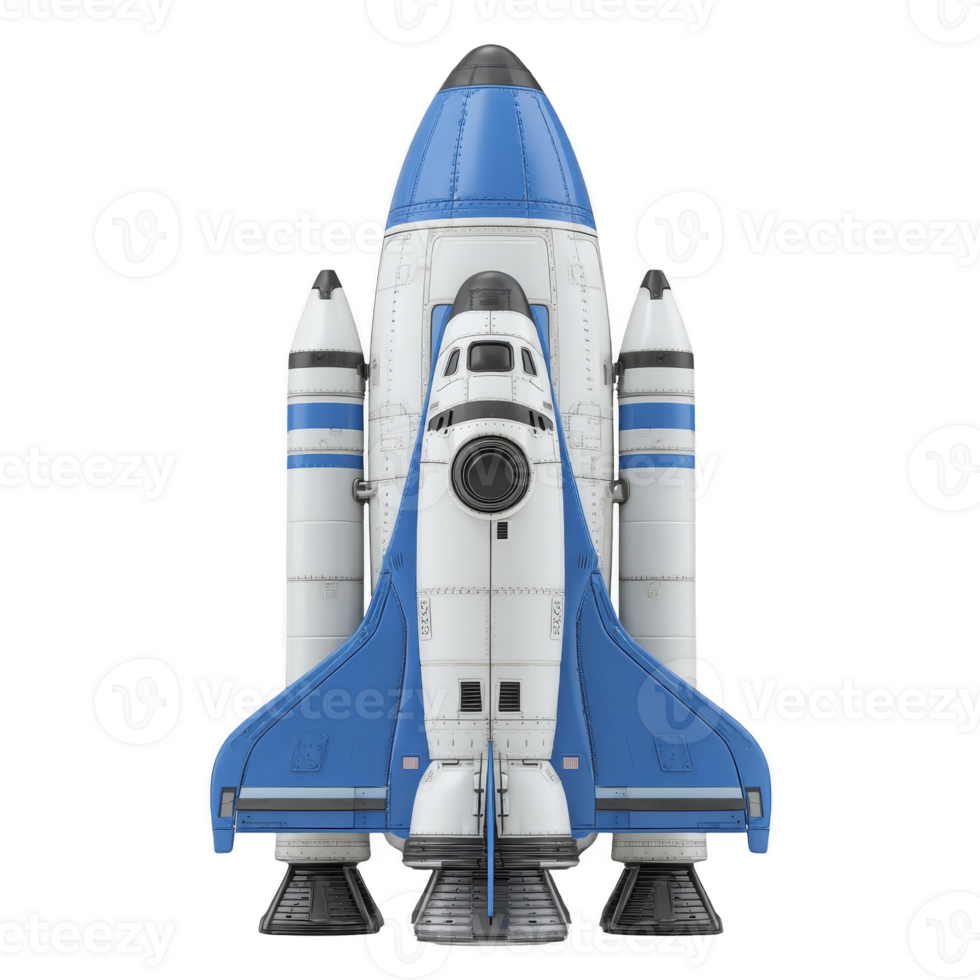 Blue and white space shuttle with boosters is ready for launch, showcasing its aerodynamic design and powerful engines. spacecraft is set against plain background, emphasizing its sleek structure png