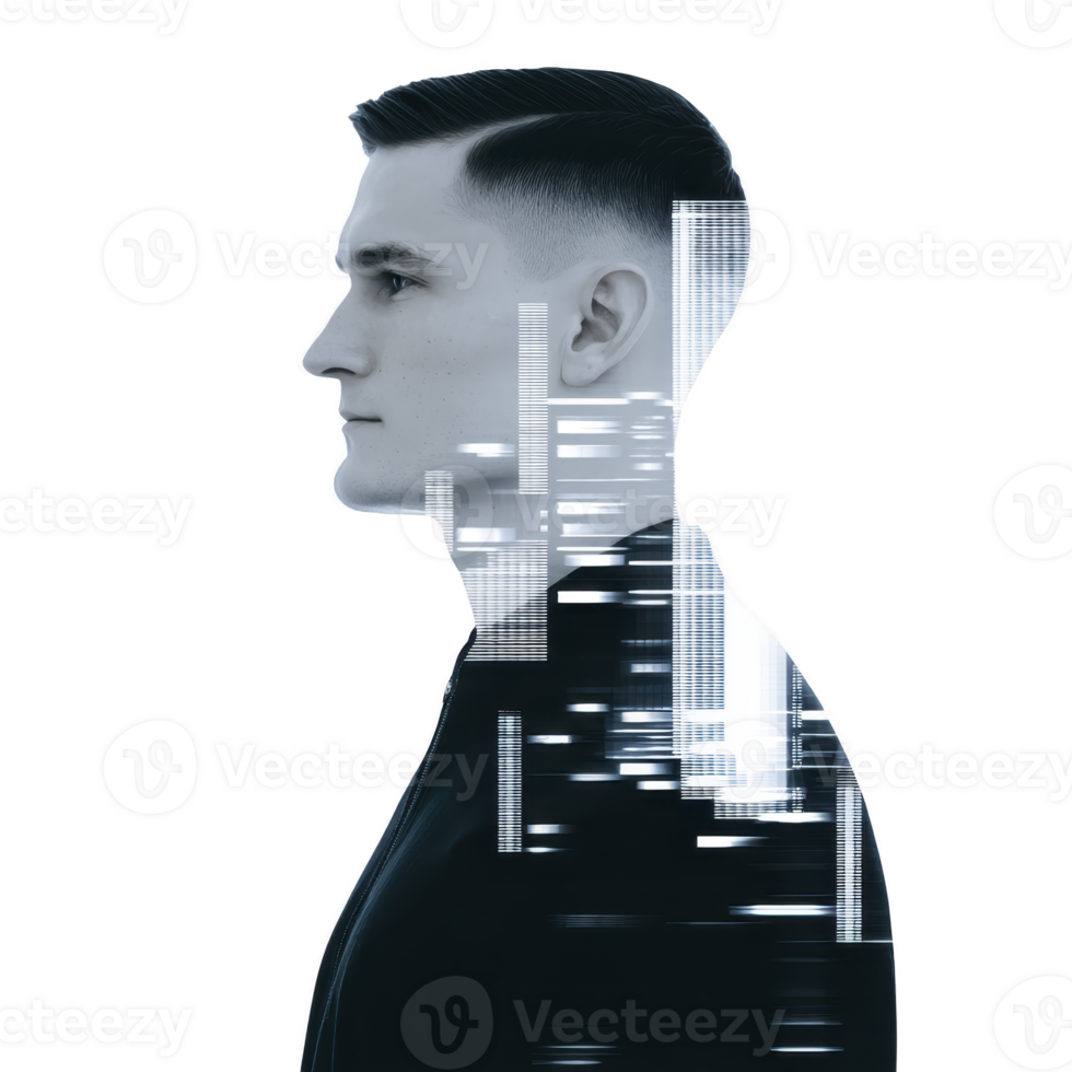 Double exposure image of man in profile with cityscape overlay, blending urban architecture with human form, creating futuristic and artistic effect png