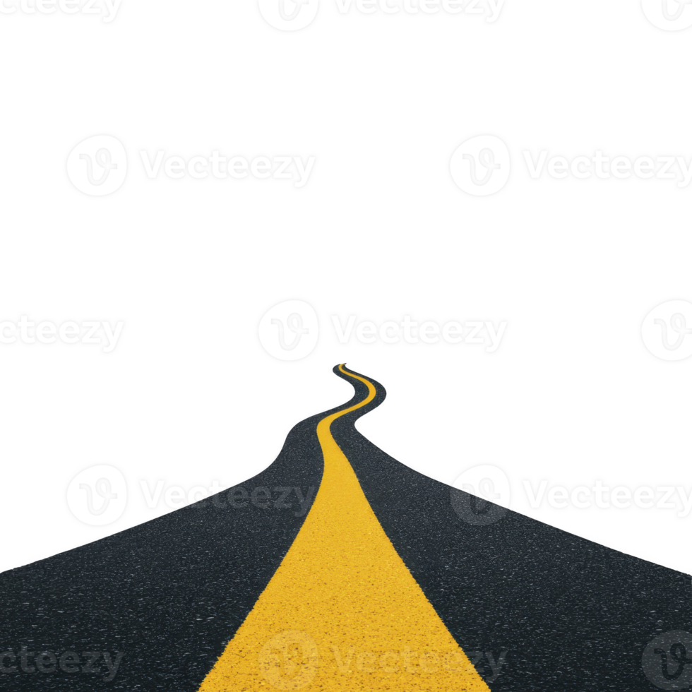 Winding road with bright yellow line stretches into distance against transparency background, symbolizing journey or path forward. road curves suggest movement and adventure png