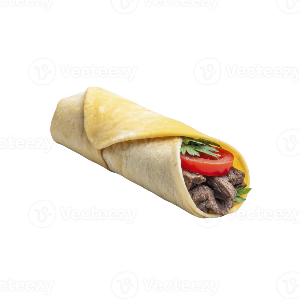 Delicious beef wrap with fresh vegetables, including tomatoes and greens, wrapped in soft tortilla. vibrant colors and textures make it appetizing meal option png