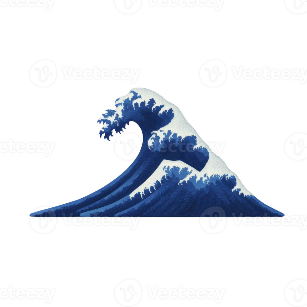 Stylized illustration of large ocean wave with white foam, inspired by traditional Japanese art, set against transparent background. wave is depicted shades of blue and white, capturing sense png