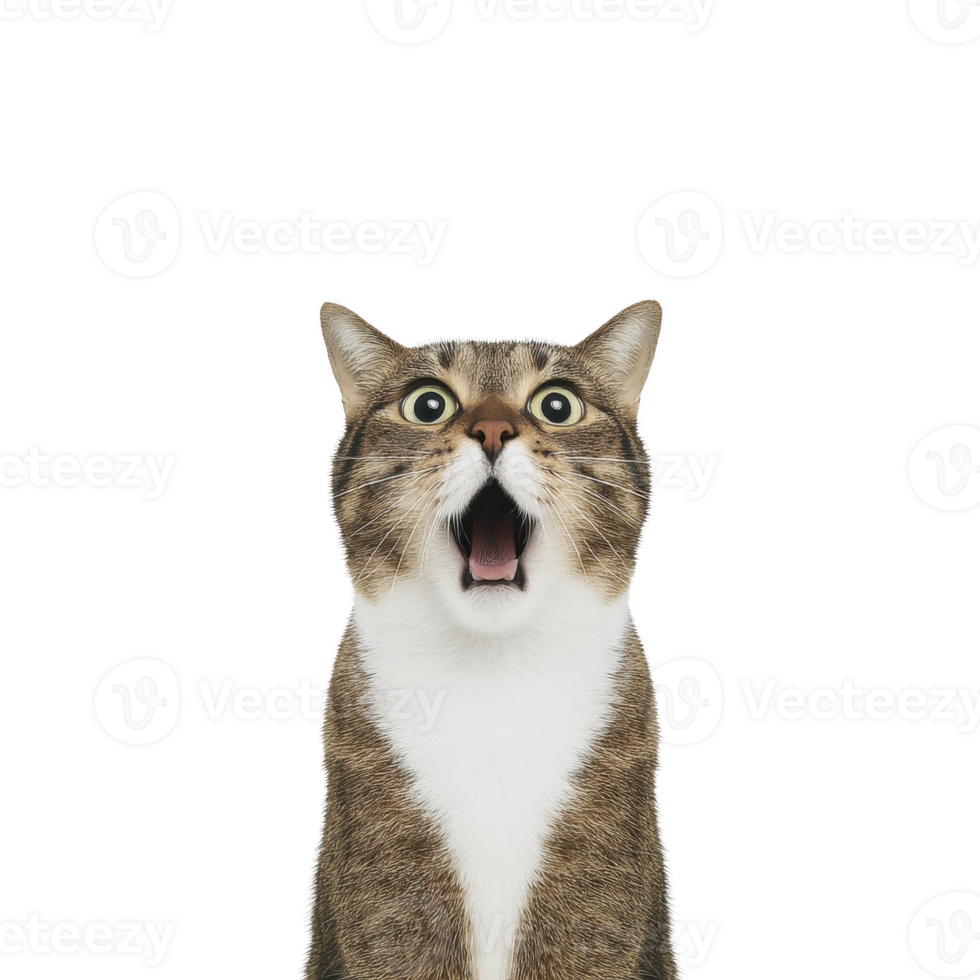 Surprised tabby cat with wide eyes and open mouth against plain background, capturing moment of shock or amazement png