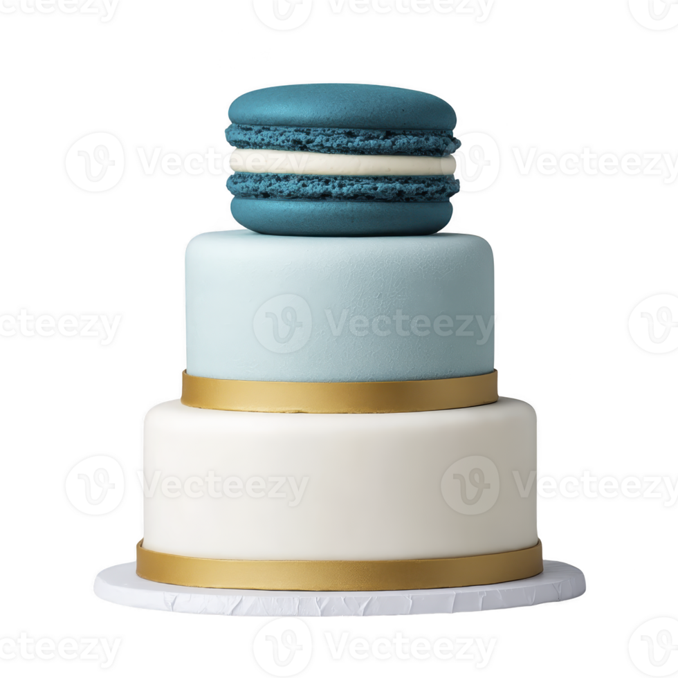 Three tiered cake with blue macaron on top, featuring light blue and white fondant layers accented with gold bands, creating elegant and modern design png