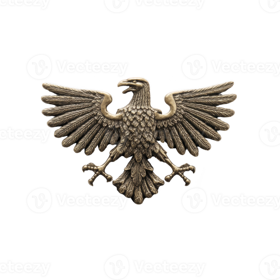 Intricately detailed bronze eagle emblem with outstretched wings, symbolizing strength and freedom, set against plain background. craftsmanship highlights feathers and talons png