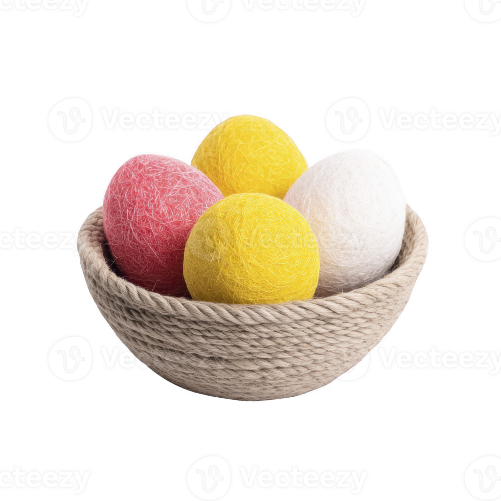 Decorative bowl filled with colorful string balls, including red, yellow, and white, creates vibrant and artistic display. woven texture of bowl adds rustic charm png