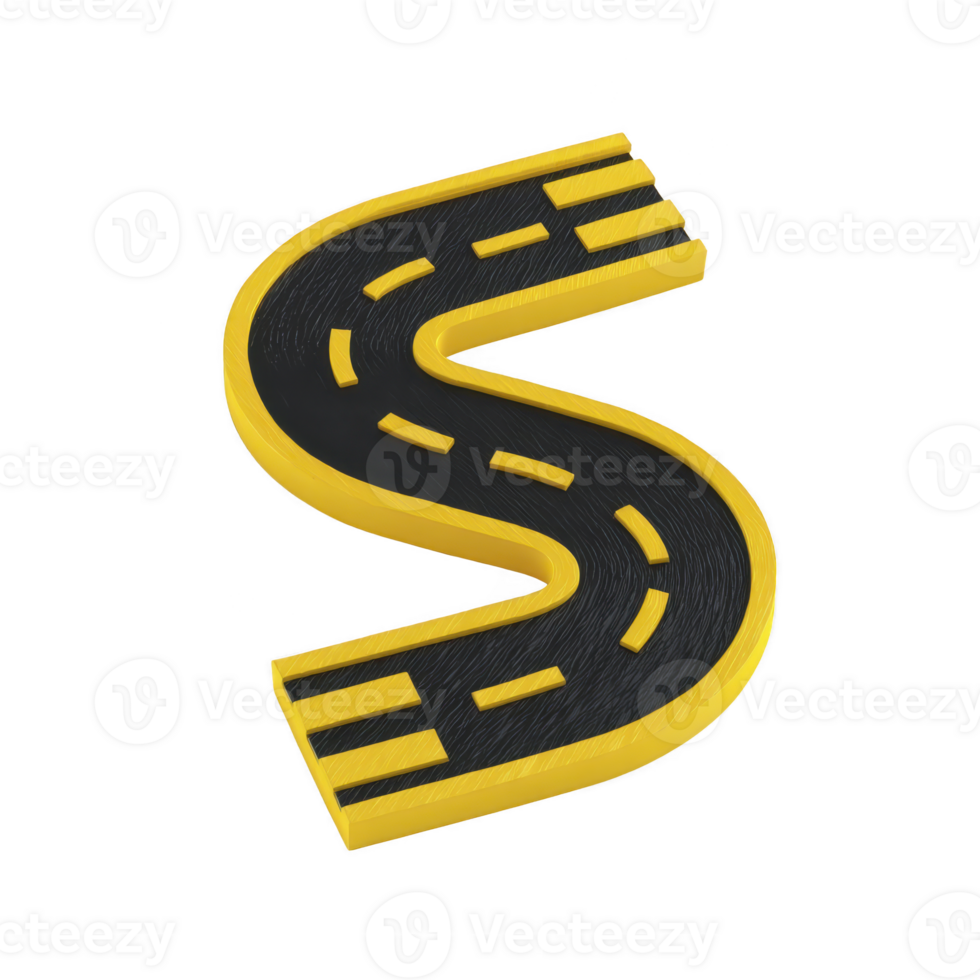 3D illustration of winding road shaped like letter S with yellow border and black asphalt surface, featuring dashed white lines. design is isolated on transparency background png