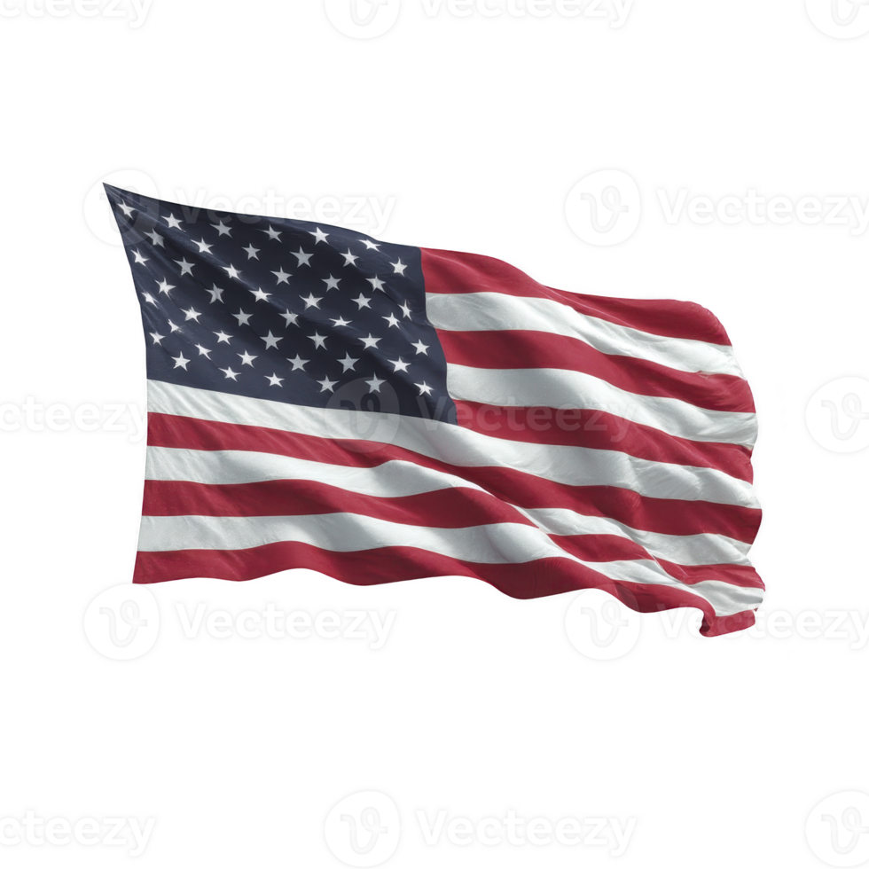 Image shows American flag waving in wind, featuring red and white stripes and white stars on blue field, symbolizing patriotism and national pride png