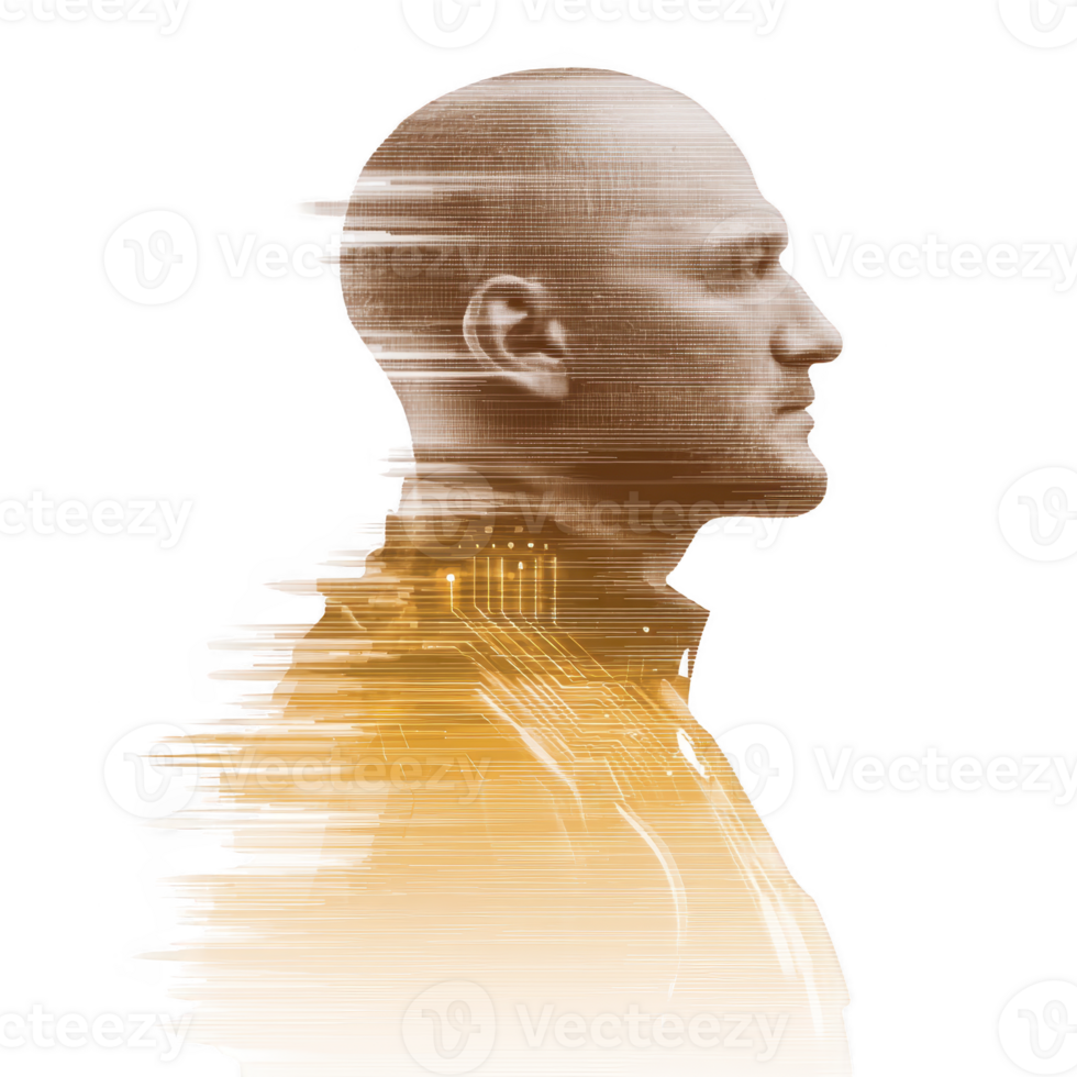 Digital art piece features side profile of bald man with glitch effect, blending human and technology elements. image conveys futuristic and innovative theme png
