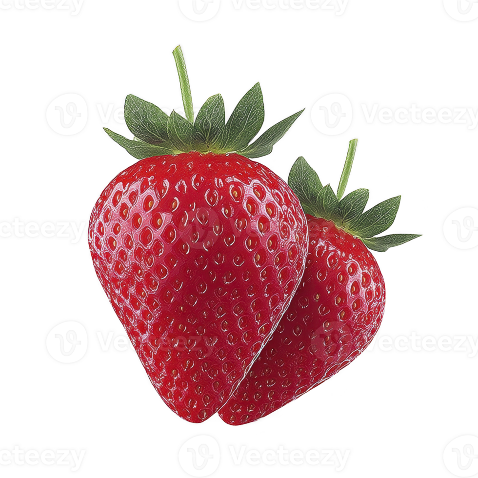 Two ripe strawberries with vibrant red color and green leaves are displayed against transparency background, highlighting their freshness and juicy texture png