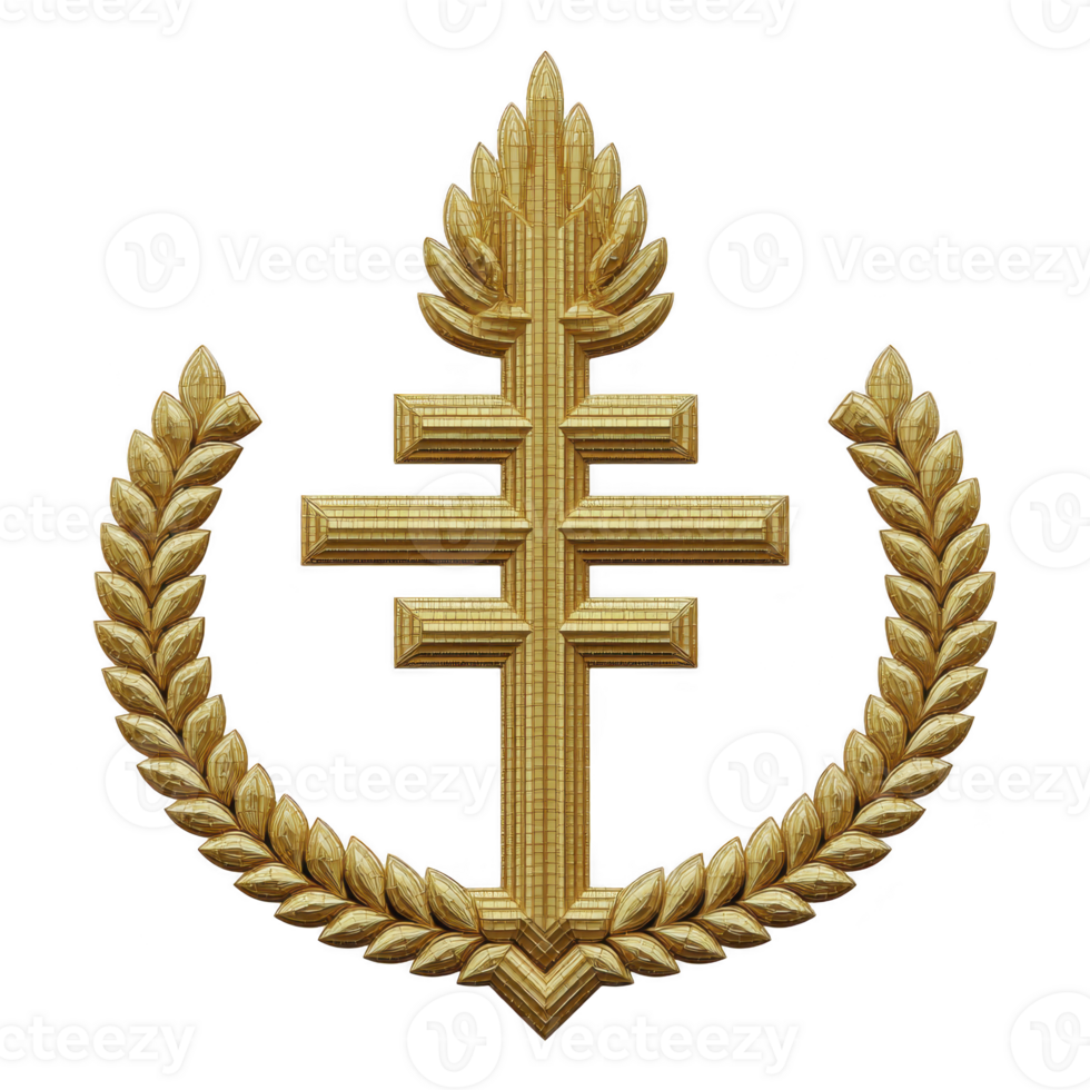 Golden emblem featuring double cross with laurel wreath, symbolizing honor and achievement. intricate design and metallic texture convey sense of prestige and tradition png