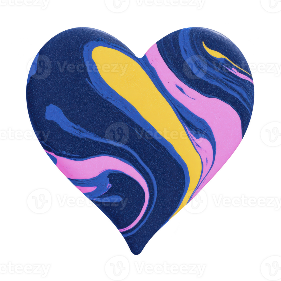 Heart shaped object with vibrant marbled pattern features swirling blue, pink, and yellow colors, creating dynamic and artistic design png