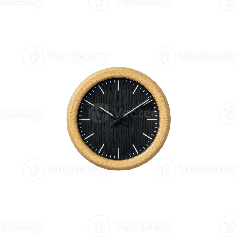 Modern wall clock with sleek black face and minimalist design is encased in wooden frame, offering stylish and functional addition to any room png