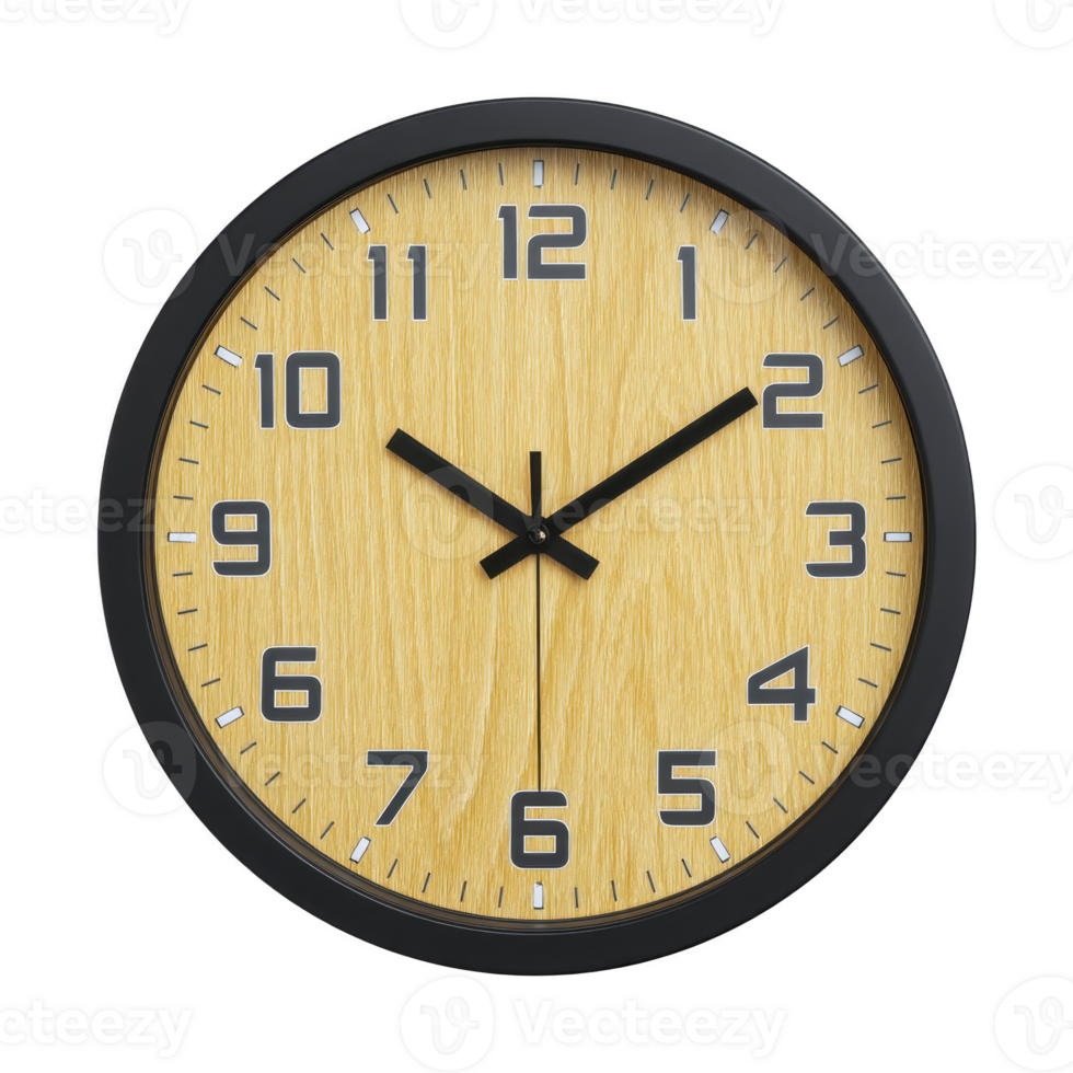 Round wall clock with wooden face and black frame features bold black hour and minute hands, along with clear black numerals on light wood background png