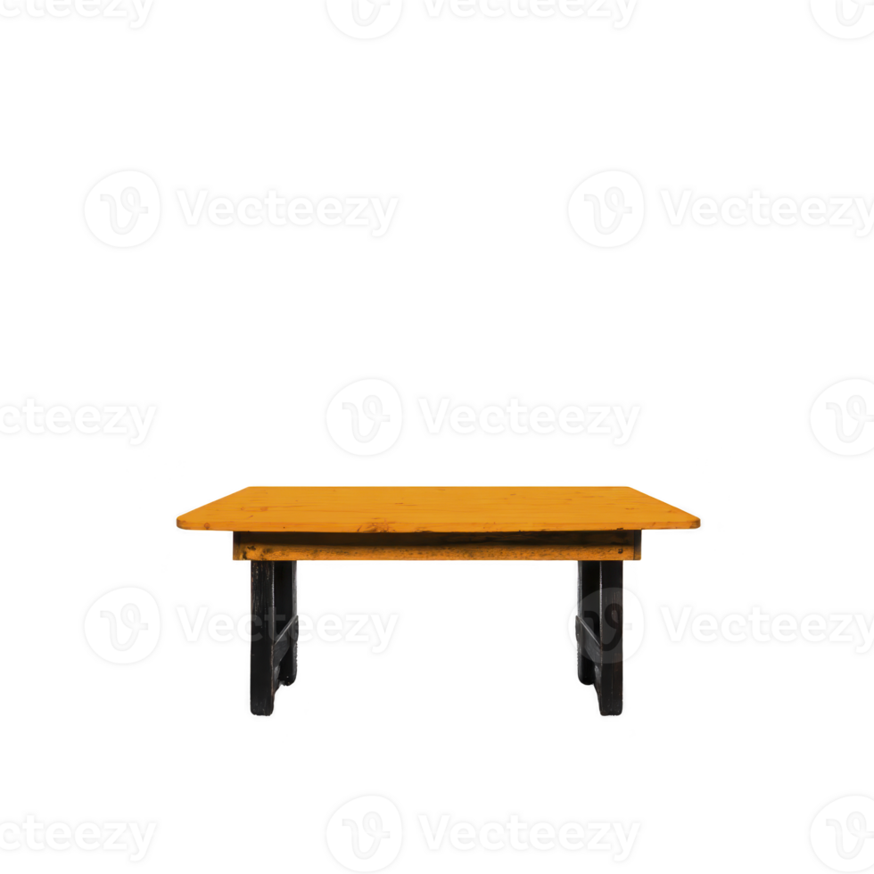 Wooden table with rectangular top and sturdy black legs, suitable for dining or office use, stands isolated on transparency background png