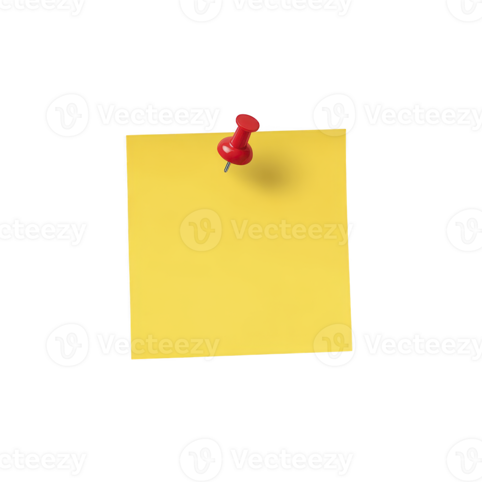 Yellow sticky note with red pushpin is isolated on transparency background, creating simple and clean design. note is blank, offering space for messages or reminders png