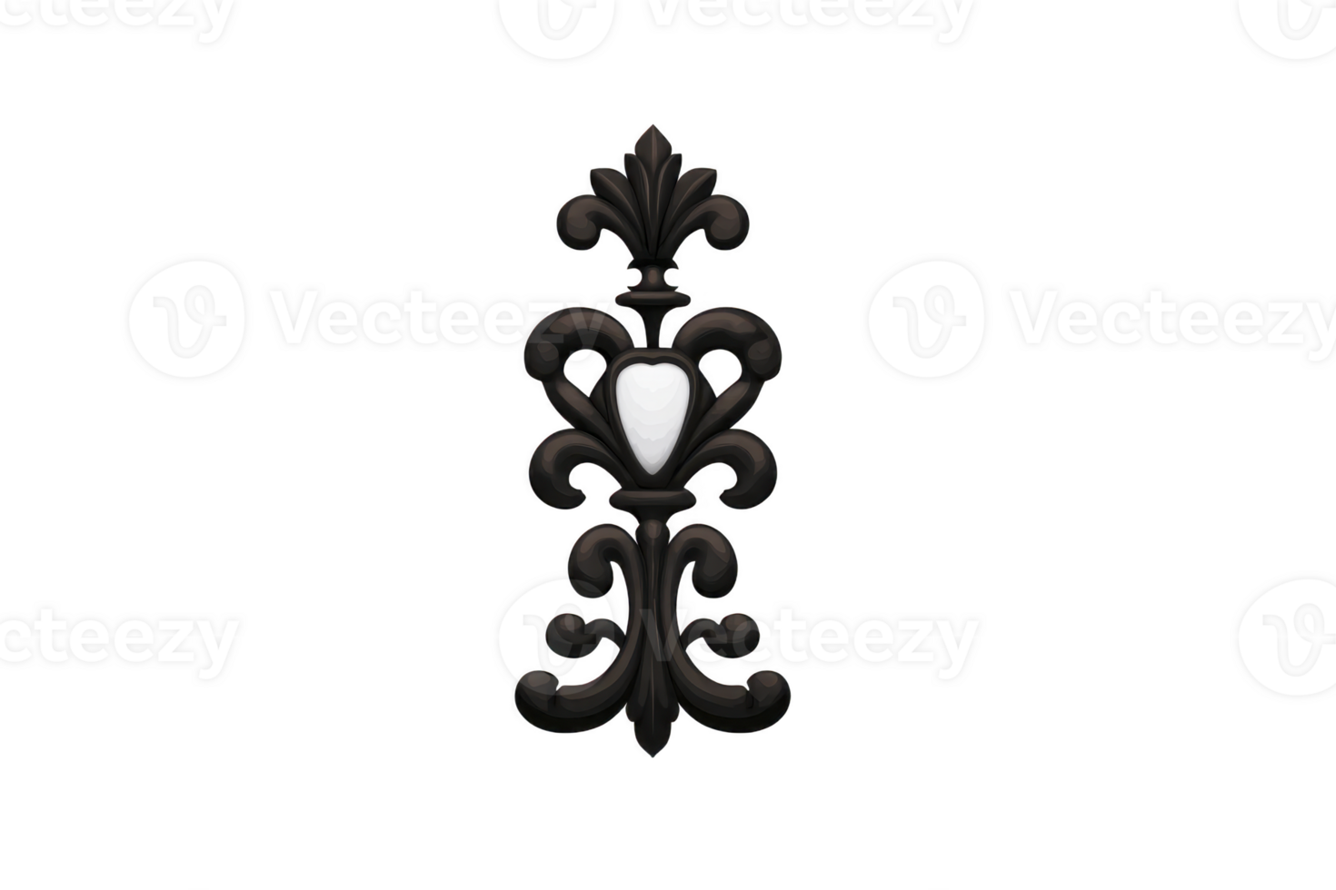 Ornate black wrought iron wall decoration with heart shaped white accent, featuring intricate scrollwork and fleur de lis design, perfect for adding elegance to any space png