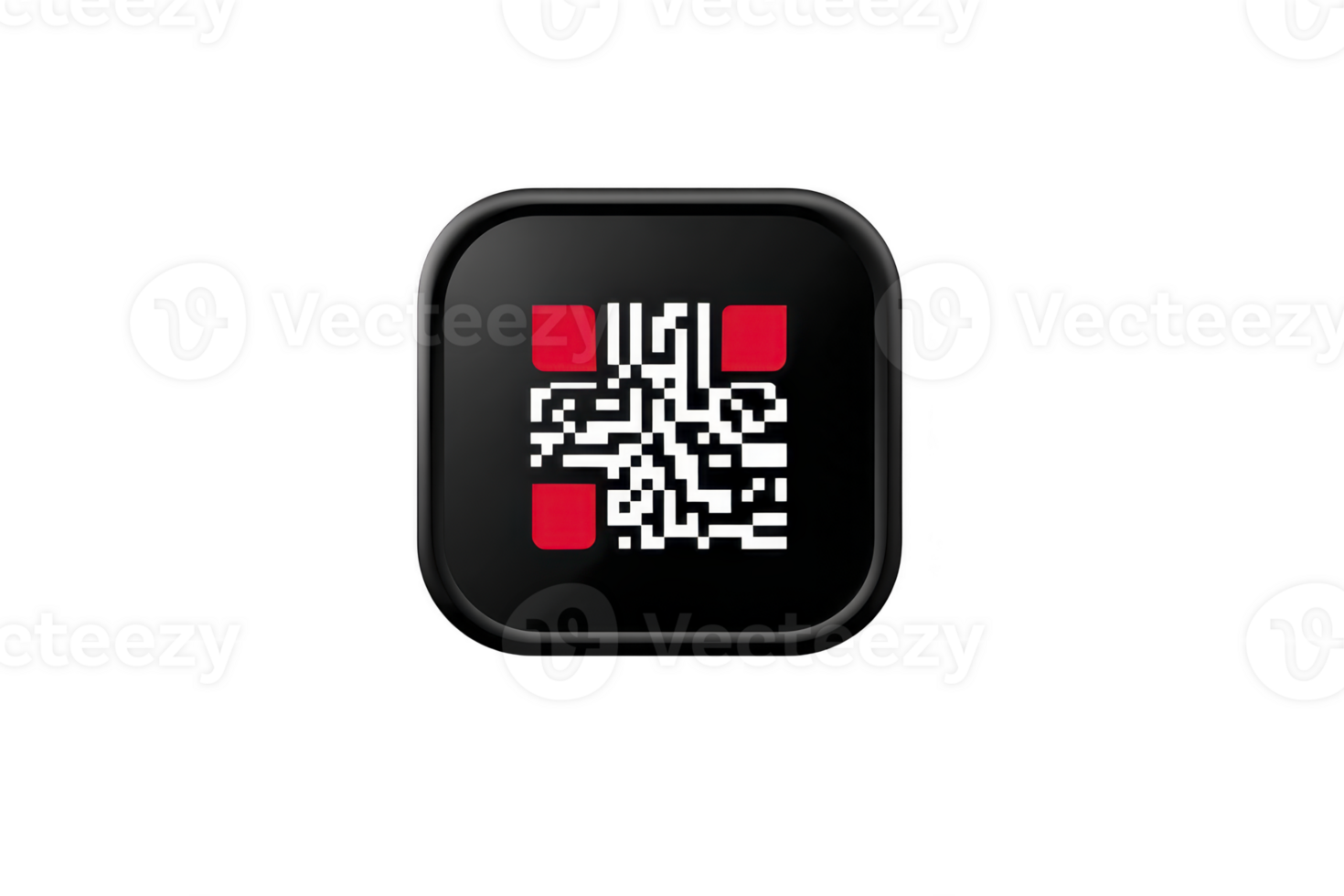 Black square icon features QR code with red accents, set against transparent background. design is modern and minimalistic, suitable for digital applications or branding png