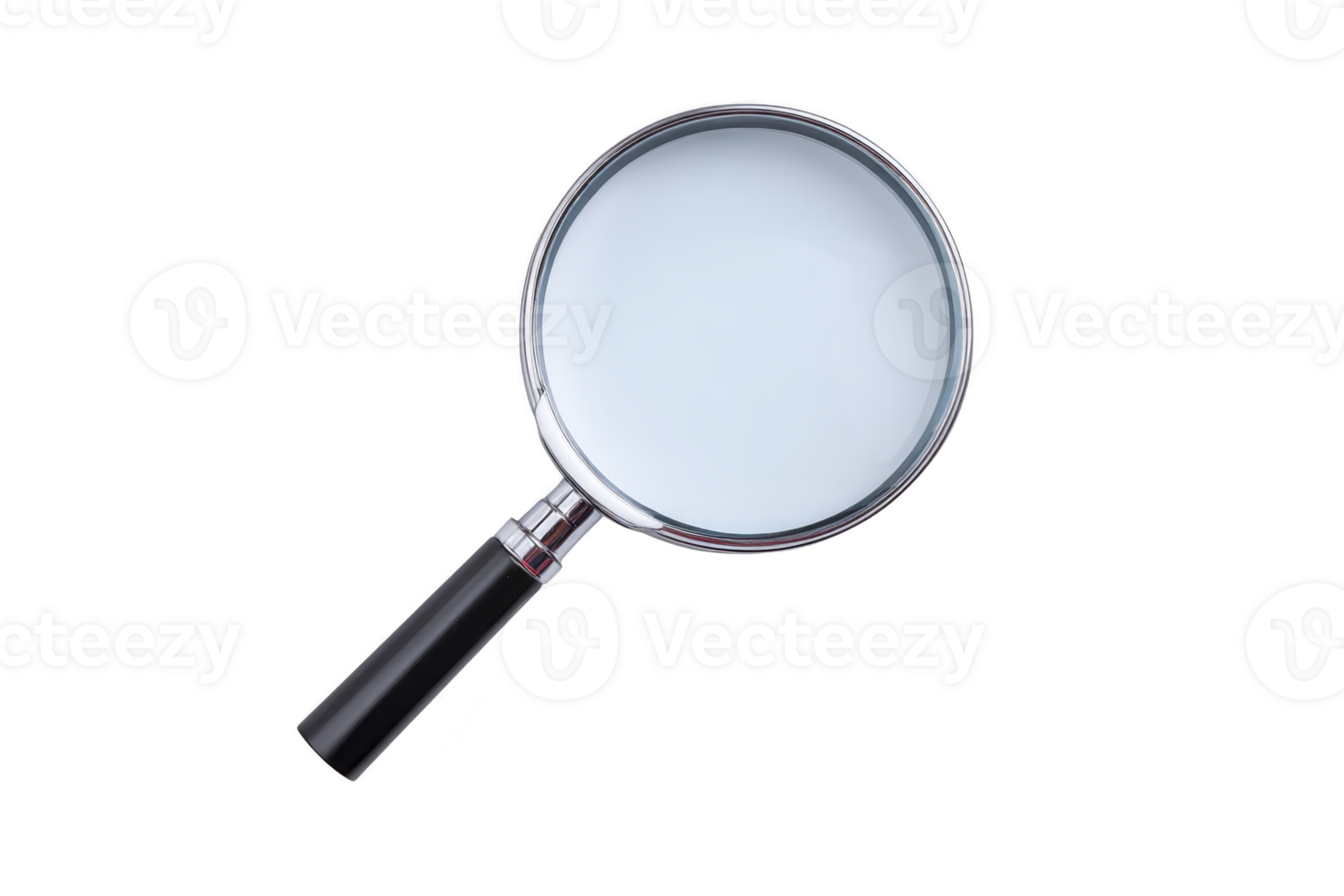 Magnifying glass with black handle and silver rim is shown against transparency background, emphasizing its simplicity and functionality png