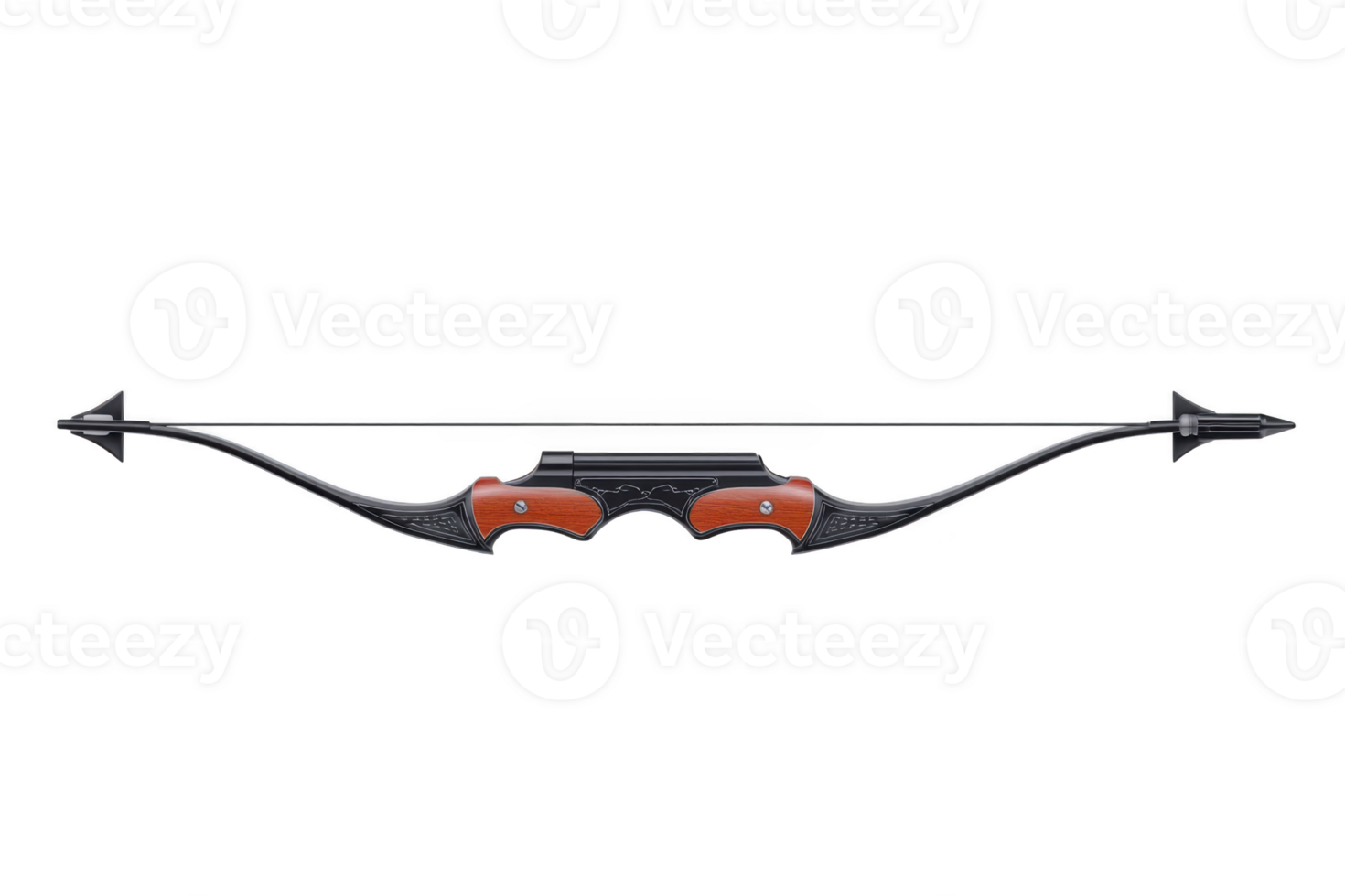 Sleek, modern recurve bow with black and red design, featuring intricate patterns and taut string, ready for archery. bow exudes precision and elegance png