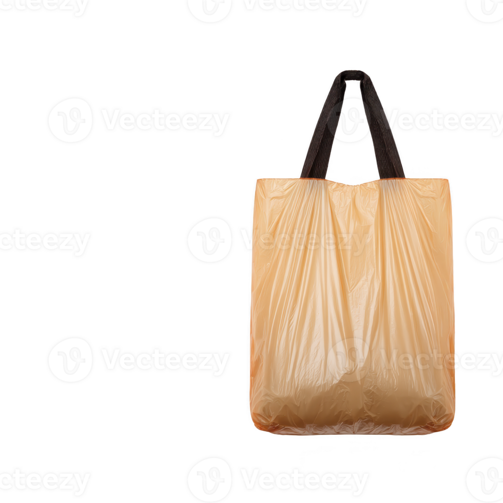 Reusable beige shopping bag with black handles is isolated on transparency background, showcasing its eco friendly design. bag appears crumpled, emphasizing its lightweight and portable nature png