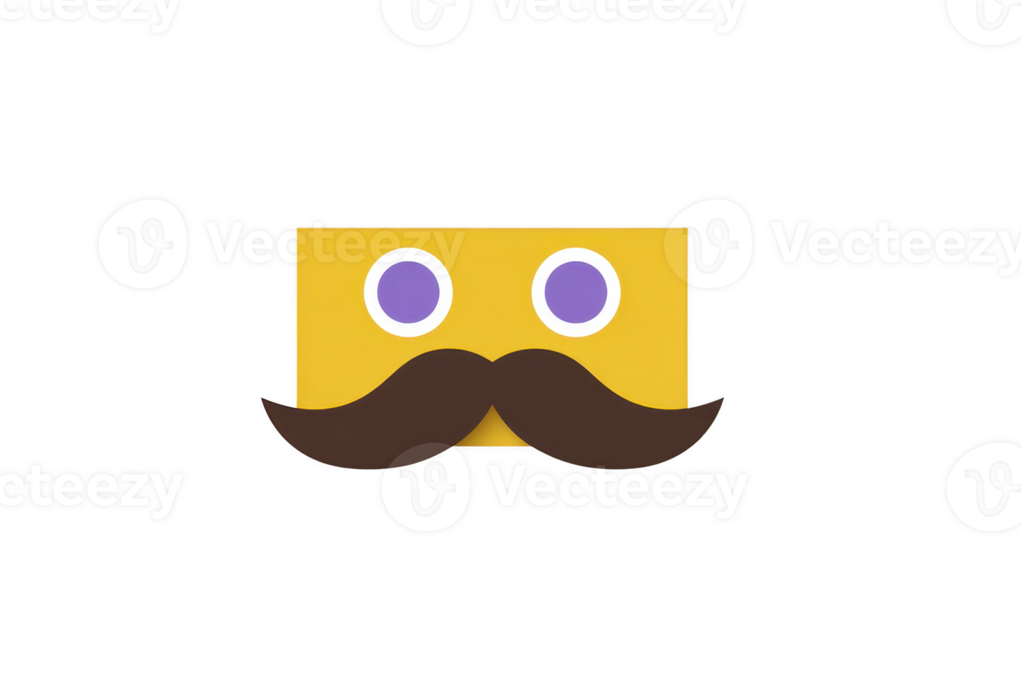 Yellow rectangular card with large purple googly eyes and brown mustache creates playful and whimsical expression. simple design is eye catching and fun png