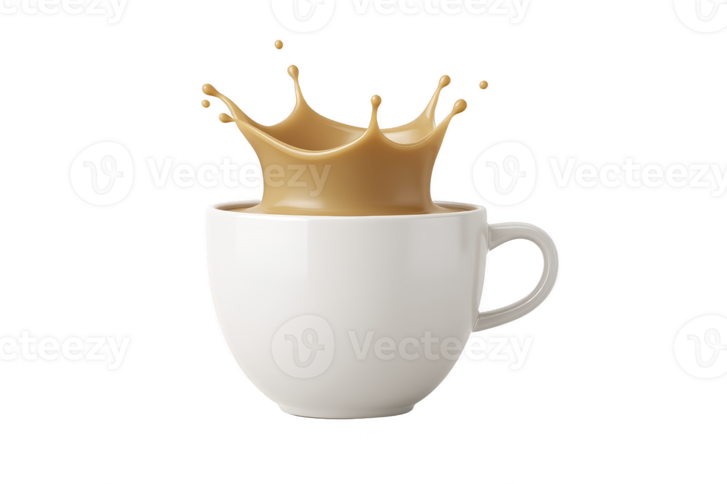 Splash of coffee creates crown like shape above white ceramic cup, capturing dynamic and energetic moment. image is isolated on transparency background png