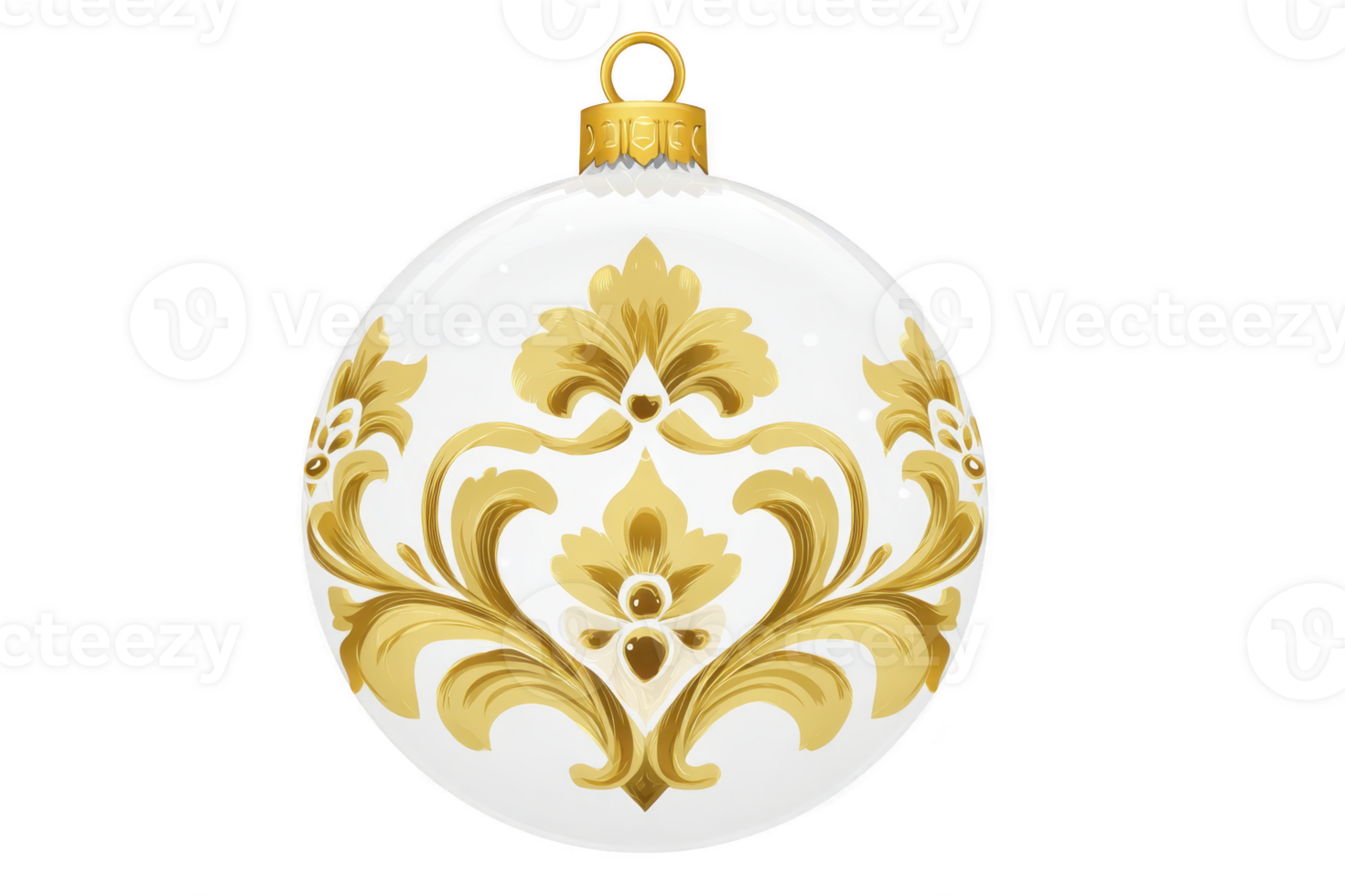 White Christmas ornament with intricate gold floral patterns and shiny finish, perfect for elegant holiday decor. ornament features classic round shape with gold cap png
