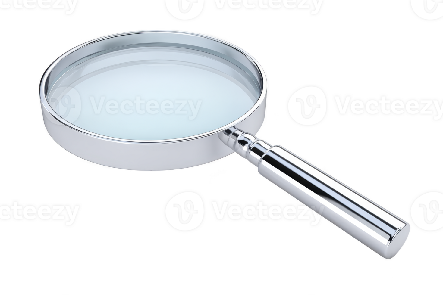 Shiny silver magnifying glass with reflective handle and clear lens is isolated on transparency background, symbolizing investigation and discovery png