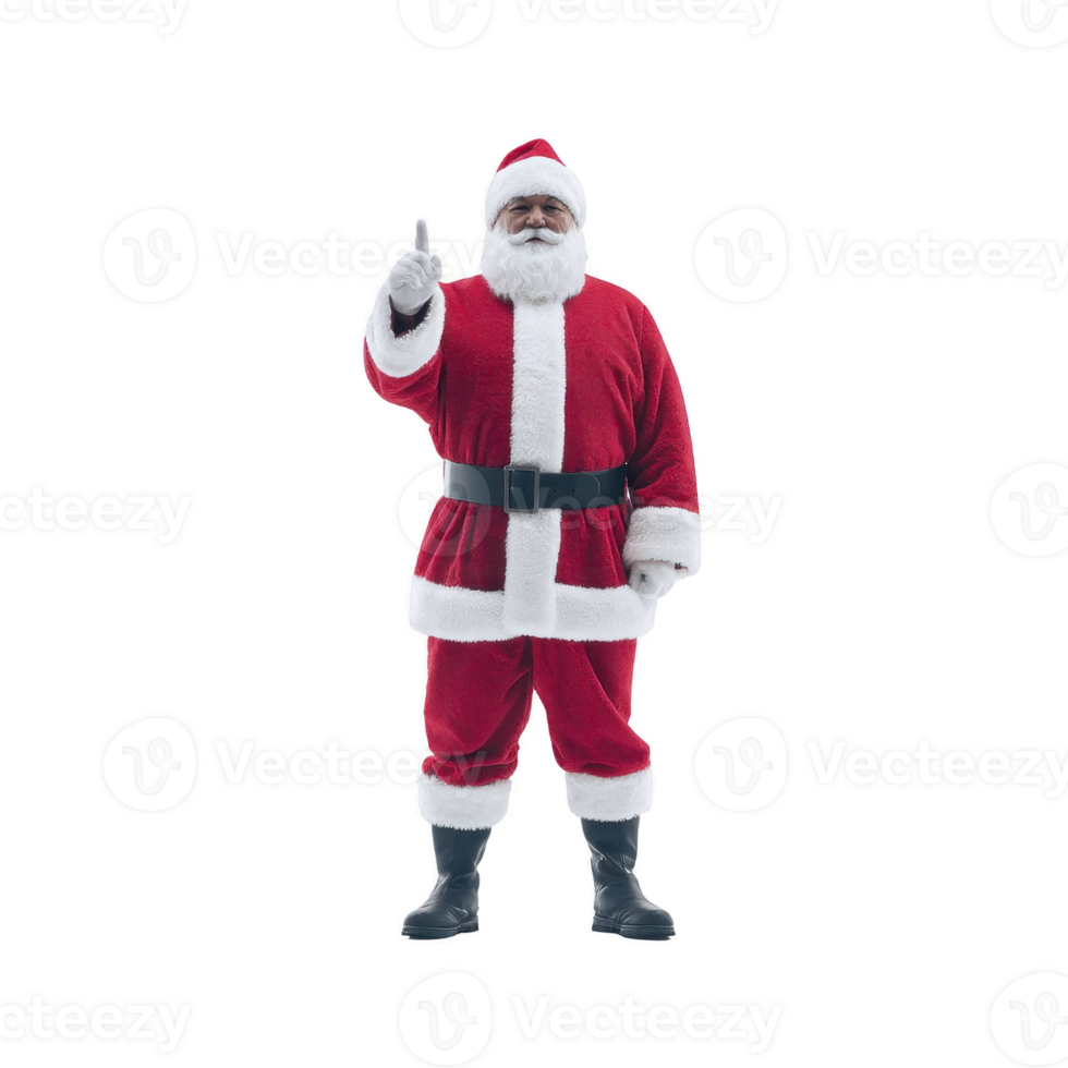 Person dressed as Santa Claus stands confidently, wearing traditional red and white suit with black belt and boots, raising one finger in gesture. background is plain, emphasizing festive attire png