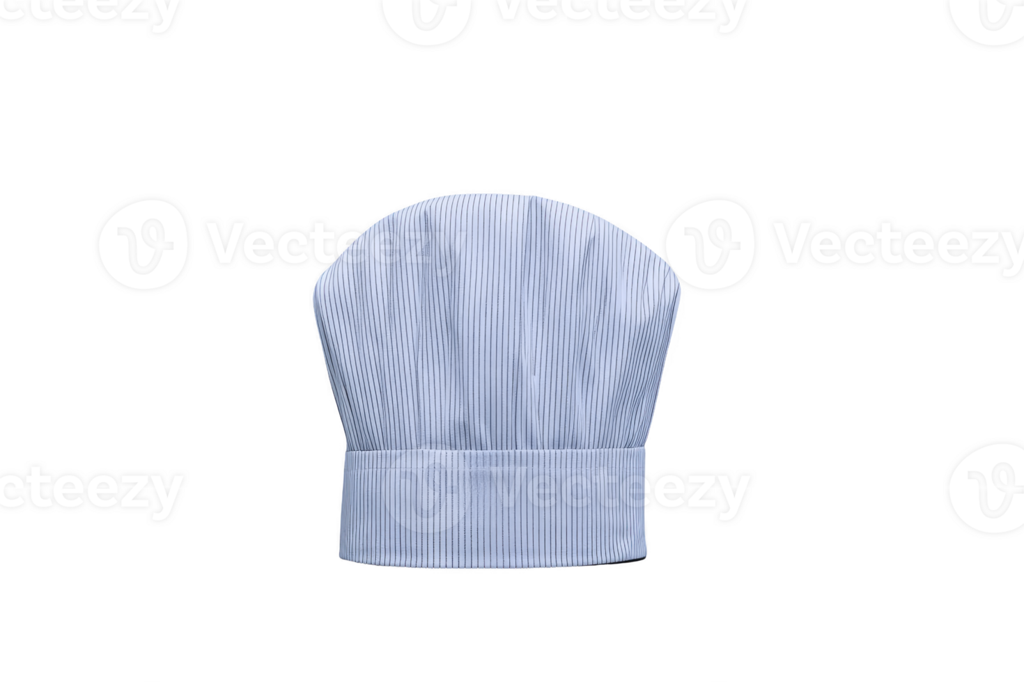 White chef hat with vertical stripes is isolated on transparency background, symbolizing culinary expertise and professionalism. hat is tall and pleated, representing traditional chef attire png