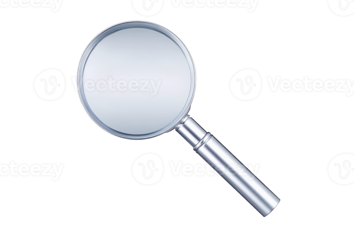 Shiny silver magnifying glass with reflective lens and sleek handle, isolated on transparency background, perfect for search or investigation themes png