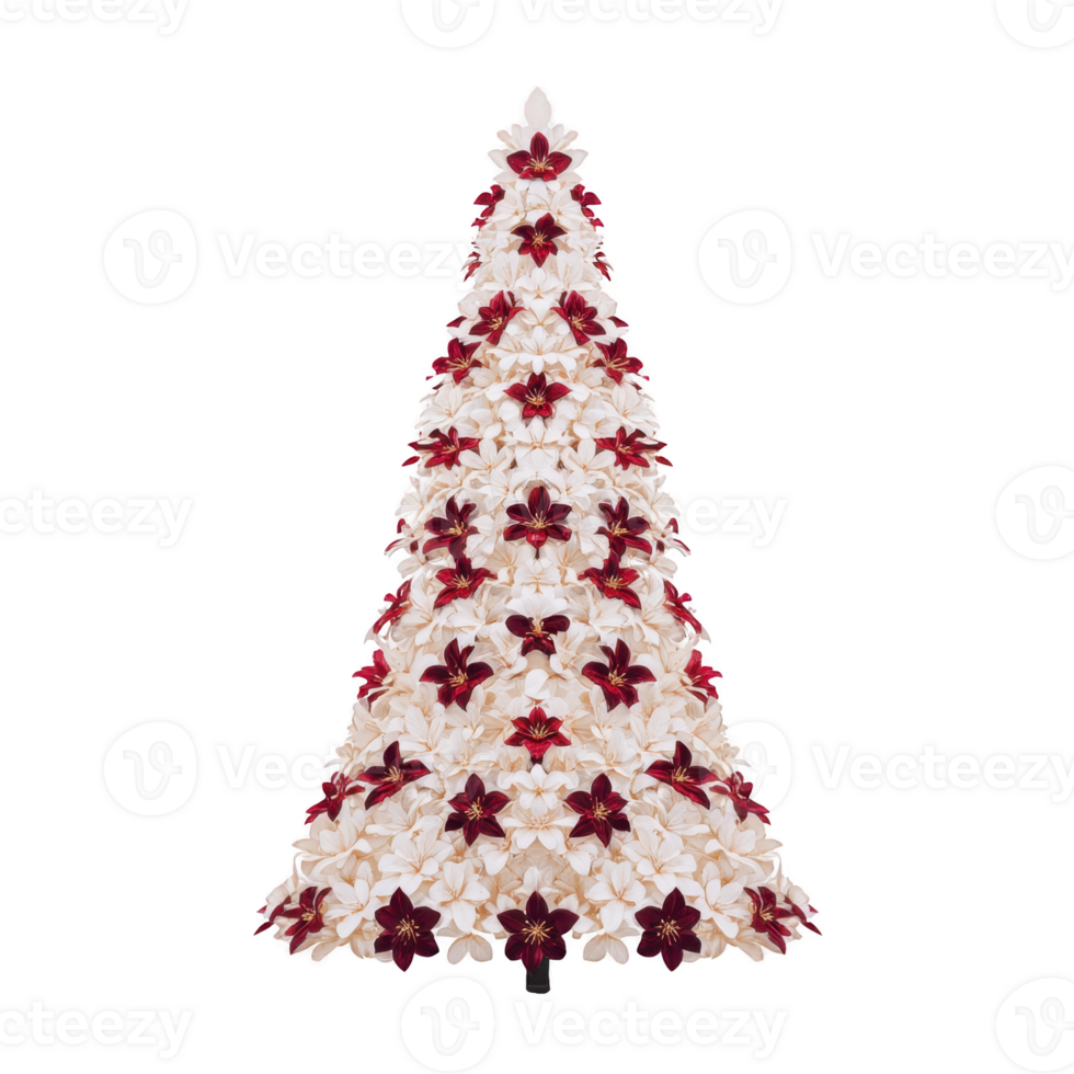 Beautifully decorated Christmas tree made entirely of red and white flowers, creating festive and elegant holiday display. floral arrangement adds unique and artistic touch to traditional png