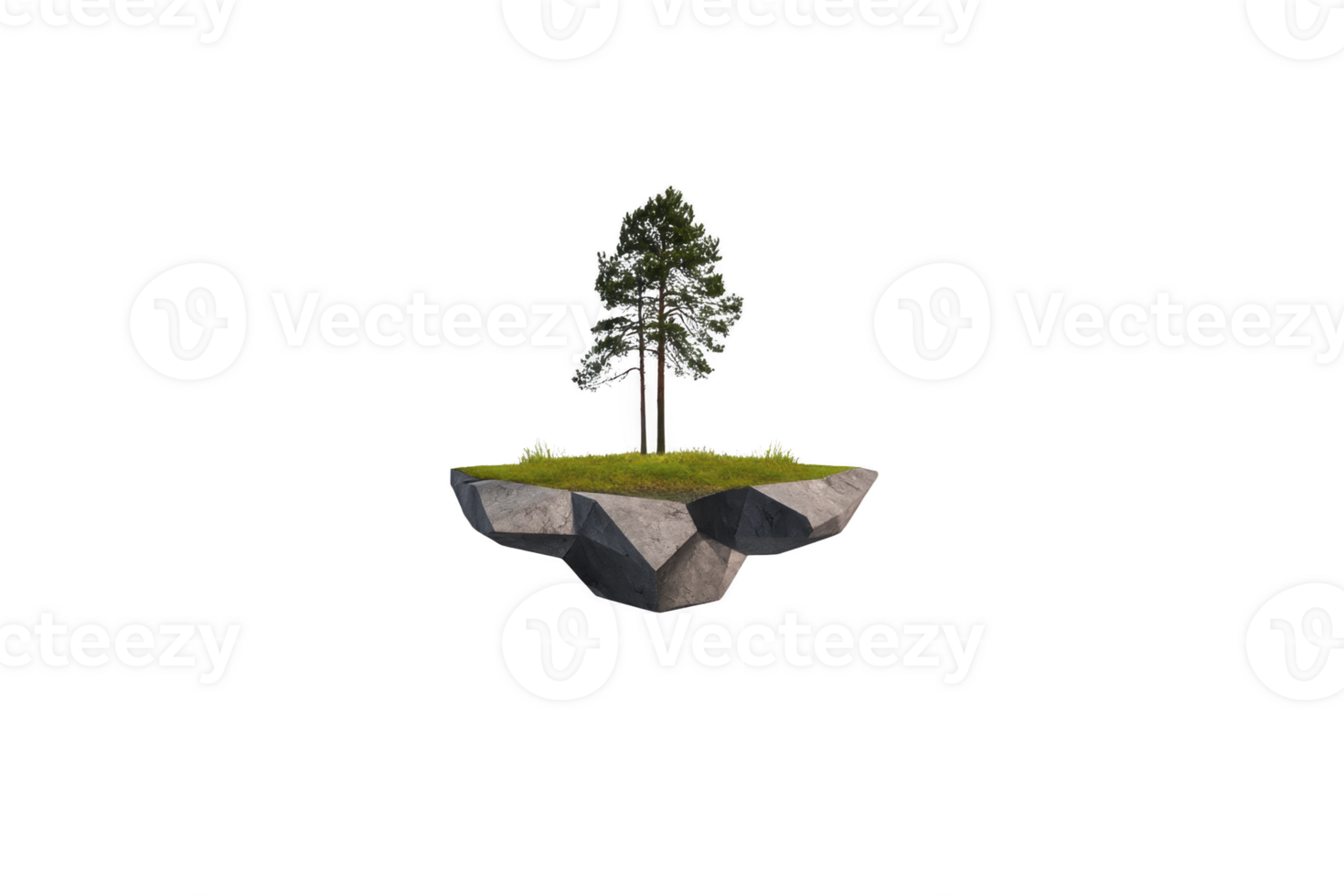 Floating island with single tree and grass creates serene, magical scene. island rocky base contrasts with lush greenery above, evoking sense of wonder and tranquility png