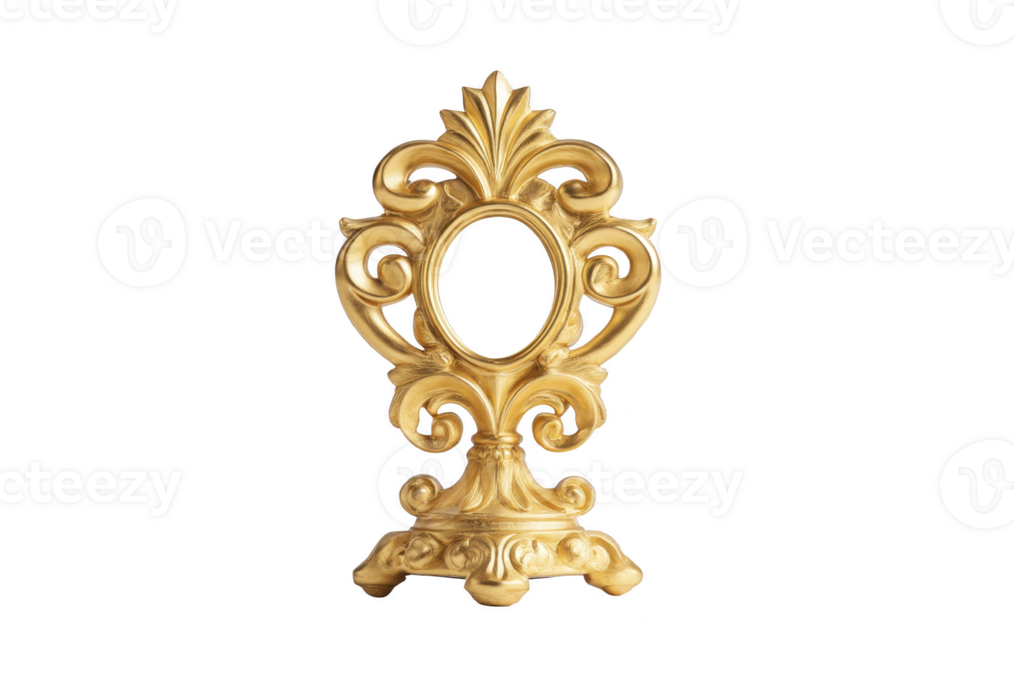 Ornate, gold decorative frame with intricate baroque style detailing and oval center, perfect for adding elegance to any space png